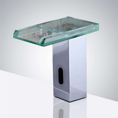 BathSelect Water Powered Chrome Finish LED Motion Sensor Waterfall Commercial Automatic Faucet