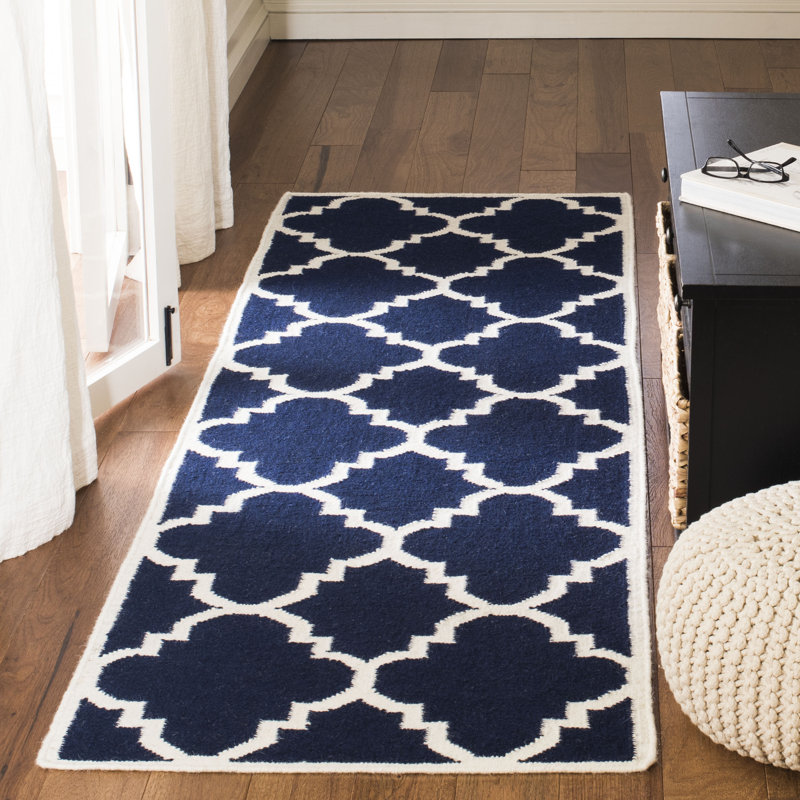 Rodgers Hand Woven Flat Weave Wool/Cotton Geometric Rug in Navy/Ivory, Runner 2'6" x 10'