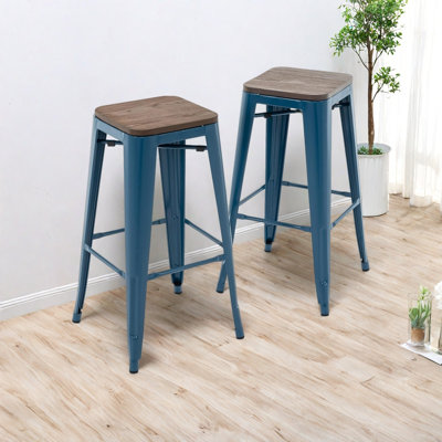 30 Inch Metal Bar Stools with Square Solid Elm Wood Seat Top, Backless Stackable Industrial Barstools,Counter Stool Set of 2