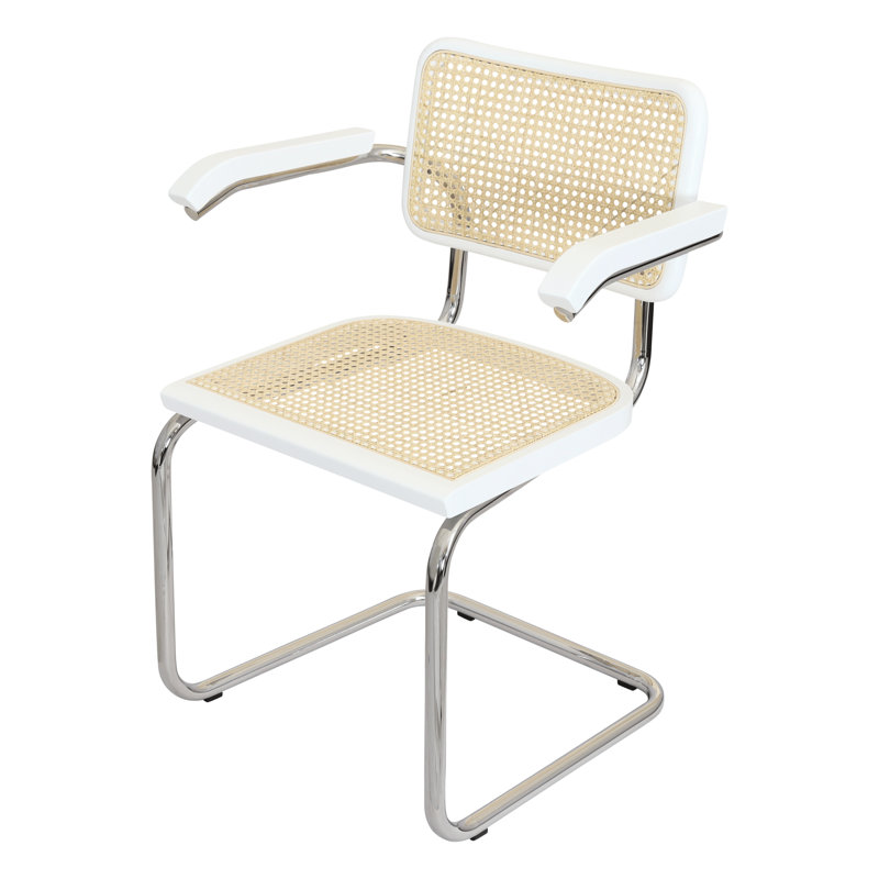 Marcel Breuer Cesca Cane Cantilever Dining Armchair Arm Chair, White/Natural/Chrome