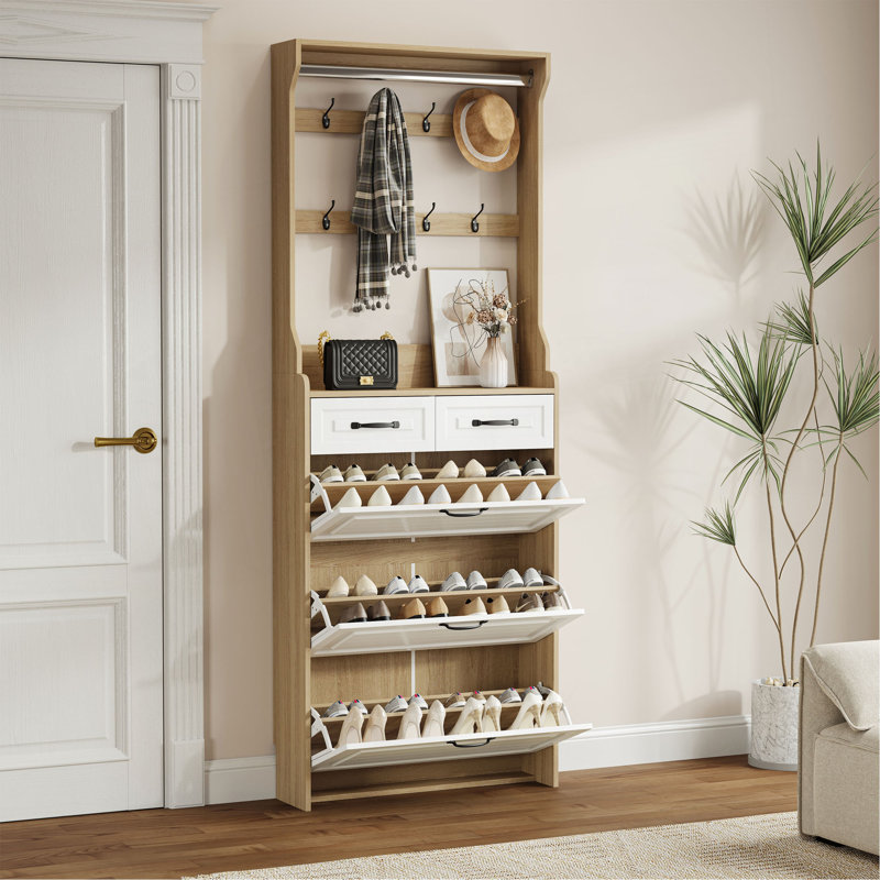 Shoe Cabinet  With 3 Doors 2 Drawers With Hanger,Large Space For Storage