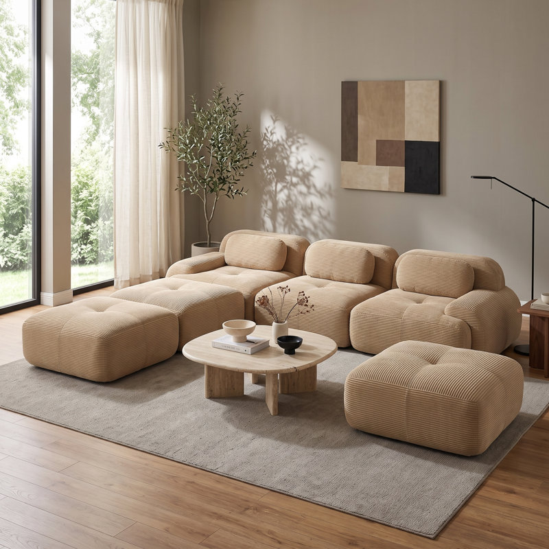 Canapé modulable 3 places en velours côtelé Camel avec 3 poufs, configuration lounge flexible, 3 Seat+3 Ottoman