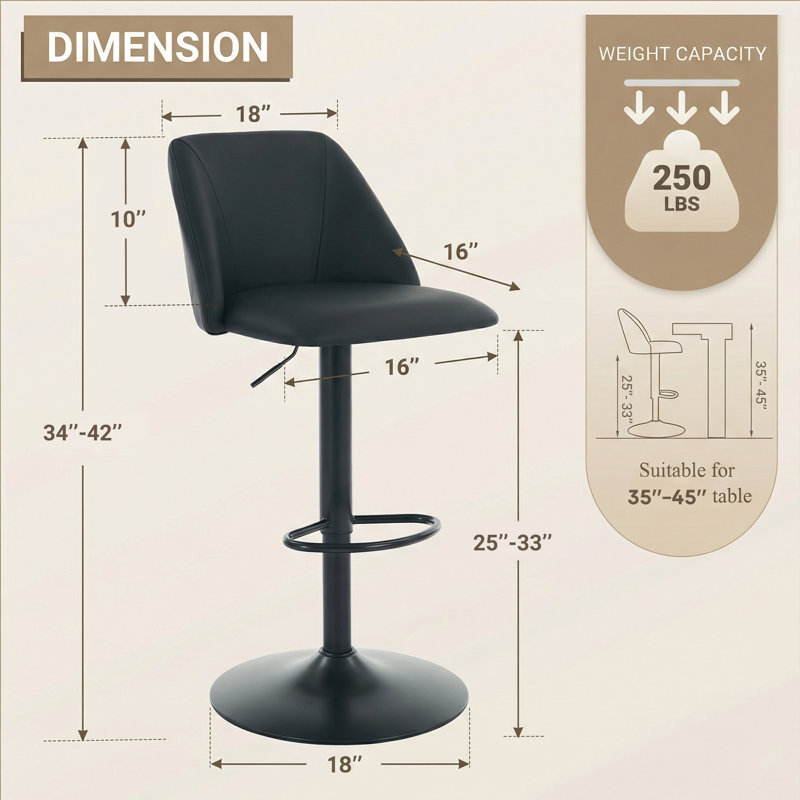 Tabouret de bar et de comptoir pivotant rembourré à hauteur réglable avec repose-pieds, Noir, 3