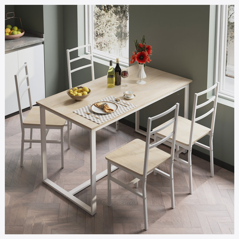 Five-piece set table and chair with backrest, industrial style, solid structure, White Oak, White, White Oak/White