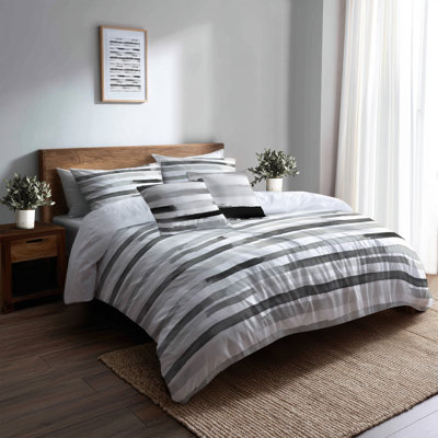 Ensemble de literie à rayures 5 pièces - Ensemble de housse de couette et de coussins modernes gris et blanc Featherlight Lines