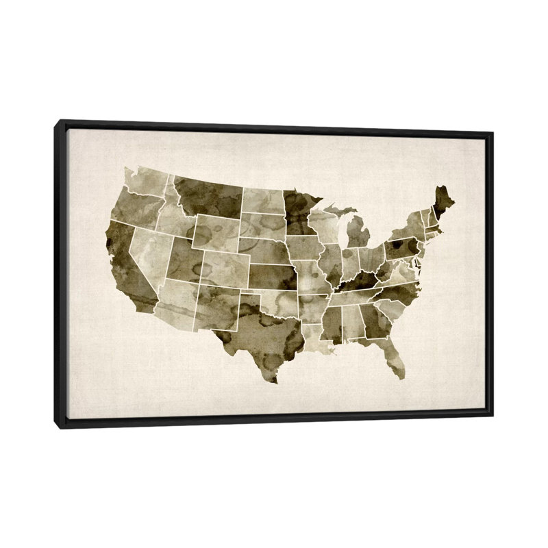 « water color map ii », impression sur toile, H 18 po x l 26 po x P 1,5 po, Toile avec cadre noir, Pas de tapis