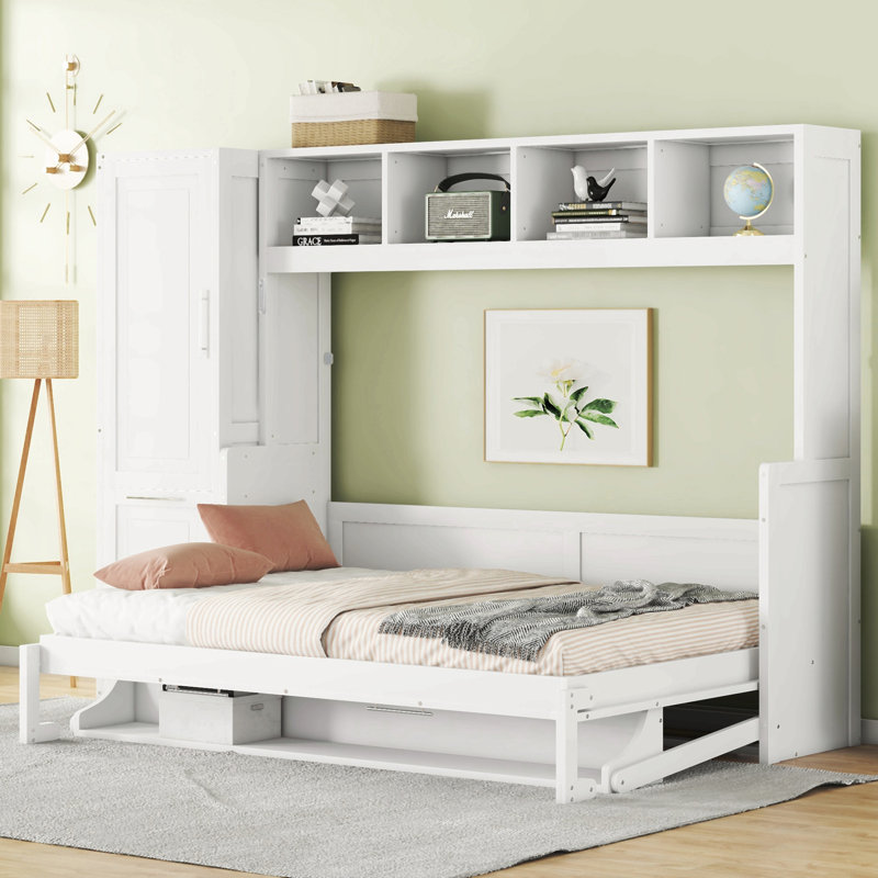 Lit escamotable Murphy avec placard et tiroirs, Lit double, Blanc