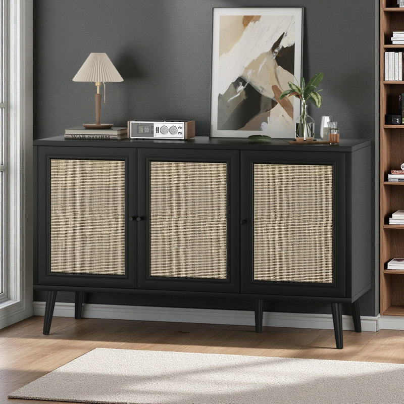 47.2"  3-Door storage Sideboard with Rattan  Doors, Black