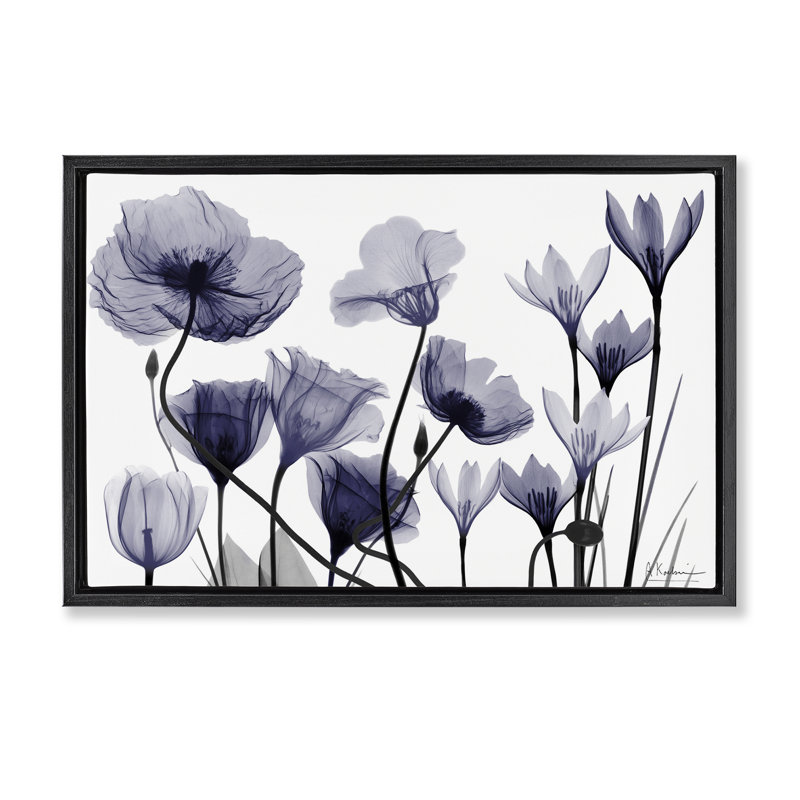 «Dusk Delight Blue Florals», art mural sur toile flottante grise, design par Albert Koetsier, H 17 po x l 25 po
