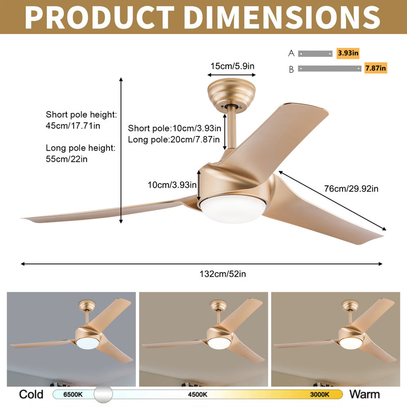 Ventilateur de plafond 52 pouces avec télécommande 6 vitesses et 3 pales, Or