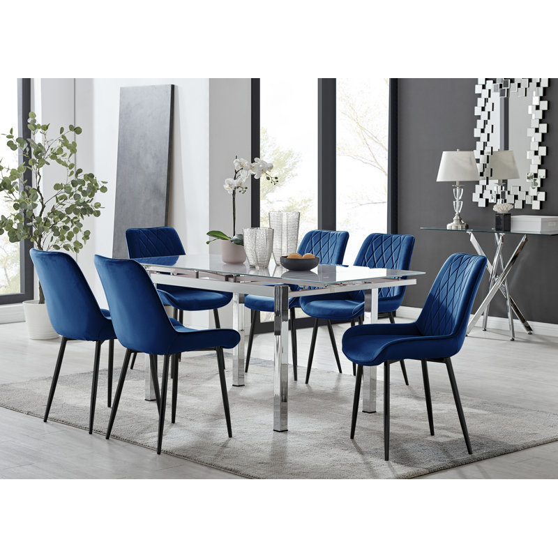Tierra Modern Glass & Metal Extendable Dining Table Set & 6 Luxury Upholstered Velvet Dining Chairs, Cream/Silver, Black