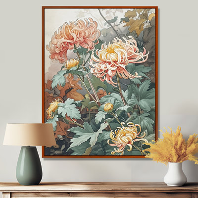 Blooming Pink Chrysanthemums Retro Illustration - Chrysanthemums, art mural