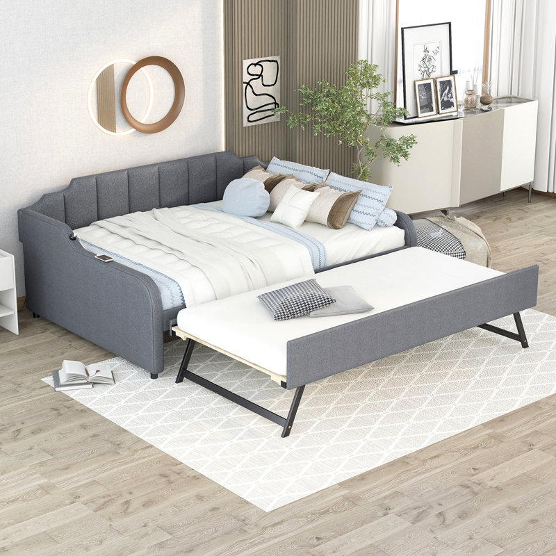 Full Size Upholstery Daybed With Trundle And USB Charging Design,Trundle Can Be Flat Or Erected