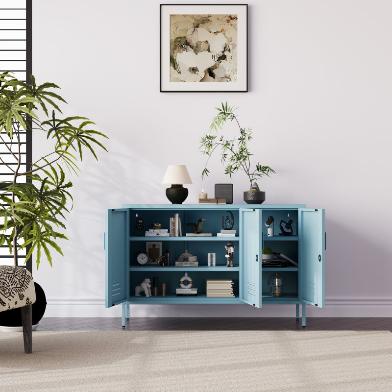 3-Door Lockable Metal Storage Cabinet, Heavy Duty Home Tool Cabinet with 2 Removable Shelves & Easy Assembly, Blue
