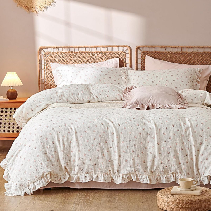 Musselin Bedding Linen Duvet Cover Cotton Pink White Flower With Ruffled Edges, Beige
