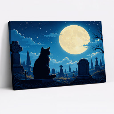 Silhouette de chat noir sous une grande lune et toile d'Halloween