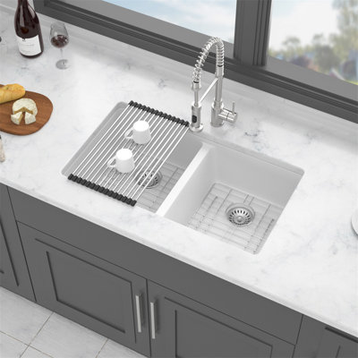 Quartz Kitchen Sink - 33X19" White Granite Composite Undermount Kitchen Sink Double Bowl(50/50)