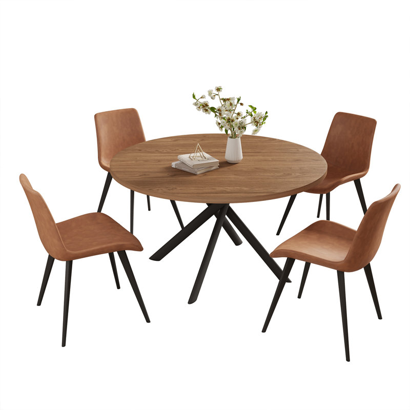 45.3"l Round Modern Kitchen Dining Table With 32.4"h Dining Chair, Brown, 5 Pieces: Table, 4 Chairs