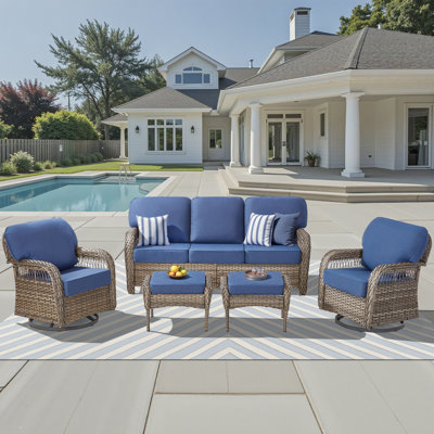 5 Piece Outdoor Patio Furniture Set With A Rattan Soft Sofa, 2 Outdoor All-Weather Rattan 360 Degree Swivel Chairs, 2 Ottomans For Porch, Balcony, Garden