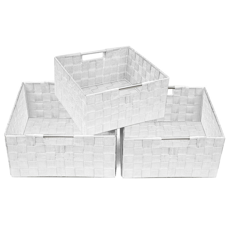 Panier empilable en osier tissé avec poignées, paquet de 3, Blanc