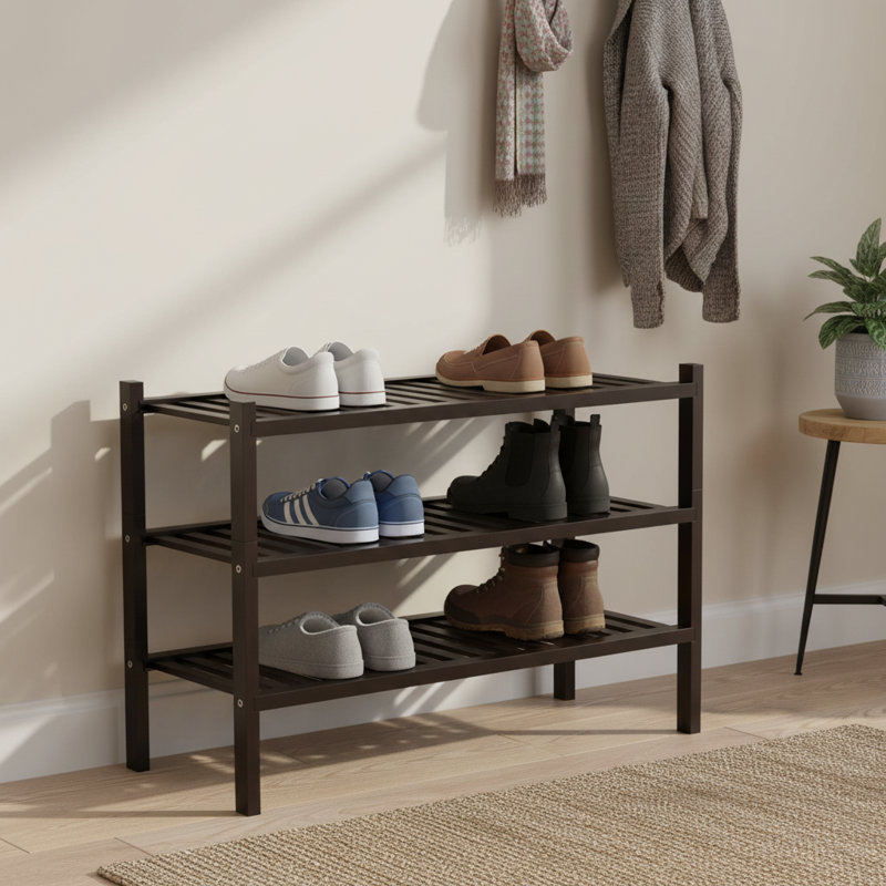 3-Tier Thickened Stackable Shoe Rack, Brown Bamboo Freestanding, Compatible With Closet Entryway And Other Small Spaces