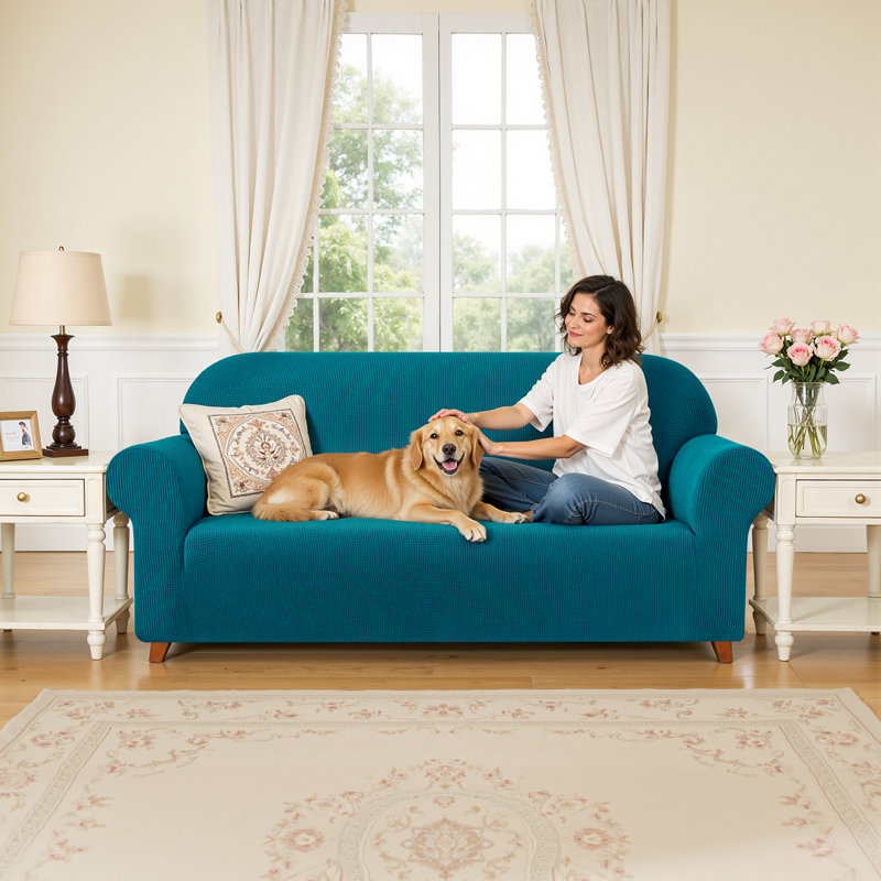 Housse de canapé 1 pièce en jacquard extensible, housses de canapé en polyester et spandex, housse de protection pour meubles de salon universelle pour animaux de compagnie lavables à la machine, housses de canapé antidérapantes pour canapé à 3 coussins pour chiens (canapé, bleu)