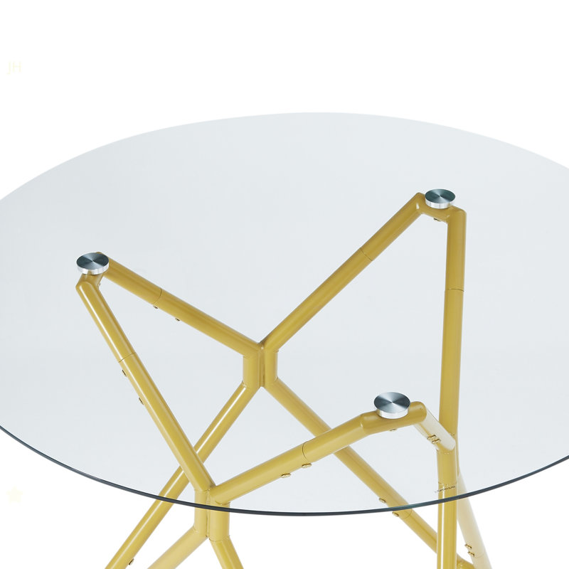 35.4-Inch Round Tempered Glass Dining Table, Suitable For 1-4 People, Space-Saving Small Kitchen Dining Table, Equipped With Sturdy Metal Table Legs, Suitable For Dining Room, Living Room,Gold