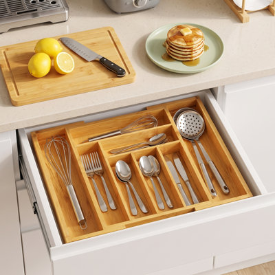 Luzius Bamboo Adjustable Expandable 8 Slot Flatware Drawer Organizer Silverware Organizer for Kitchen Utensils