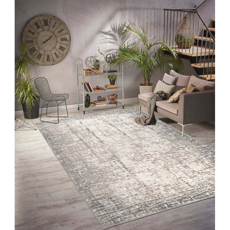 Tapis abstrait gris en polypropylène / jute tissé à la machine, Rectangle 2 pi 7 po x 4 pi 11 po