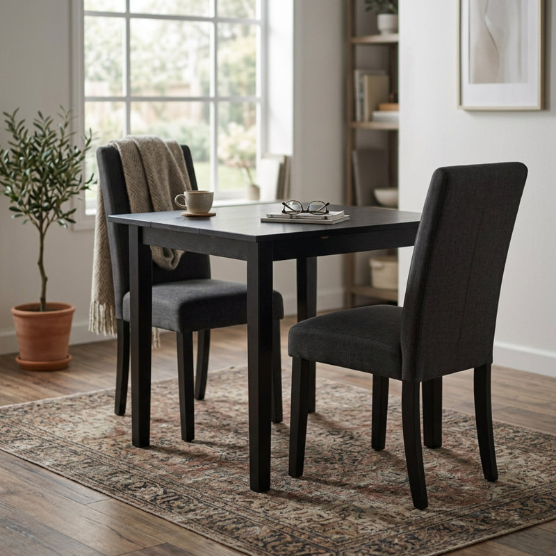 Ensemble de table à manger rectangulaire en bois noir et tissu lin avec rallonge papillon et 2 chaises Parson rembourrées