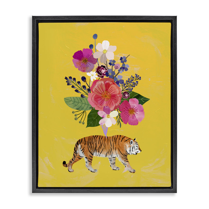 Ensemble de tigres roses sur cadre flottant jaune, design par Mia Charro, H 31 po x l 25 po, Cadre flottant noir de jais
