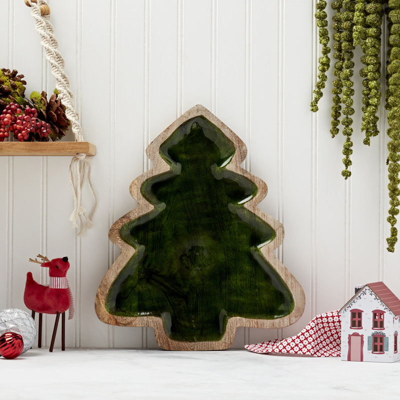 Vaisselle des Fêtes 14 po EN BOIS DE MANGUE AVEC ARBRE DE NOEL ÉMAIL