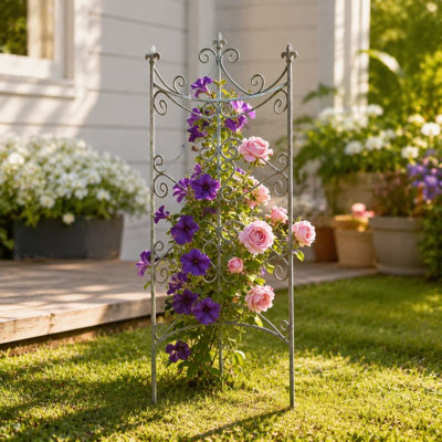 Iron Garden Fence Panel, Vintage White Decorative Trellis, Outdoor Plant Support and Animal Barrier