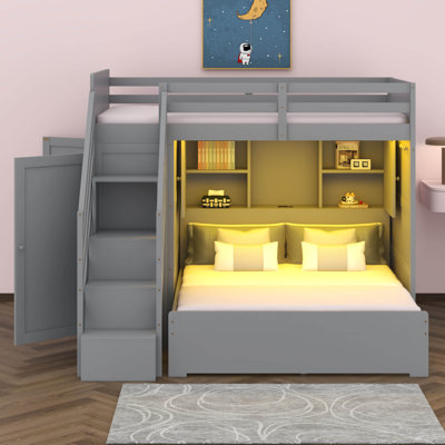 Twin Over Full L-Shaped Bunk Bed With Storage Stairs, Shelves & Wardrobe, LED Lighting