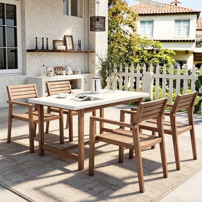 5-Piece Acacia Wood Outdoor Dining Set with Rectangular Table and Umbrella Hole, Perfect for Patio and Indoor Use