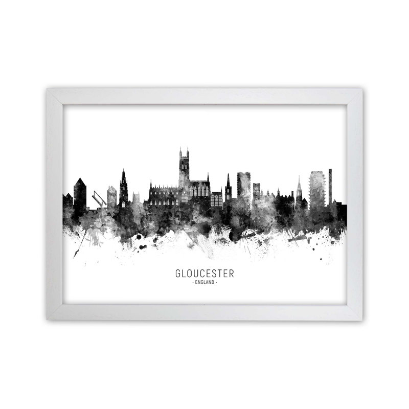 Gloucester England Skyline Black White City Name by Michael Tompsett - Print, 34cm H x 46cm W x 3cm D, White Framed