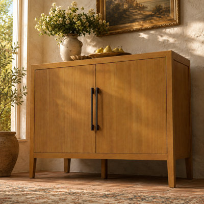 Varello 47.25" Farmhouse Sideboard Buffet Cabinet with 2 Doors, Pine Veneer Finish, Metal Handles, Fixed Interior Shelf and Adjustable Feet
