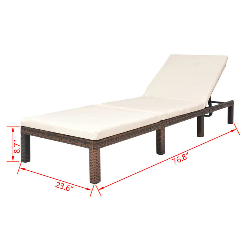 Chaise longue d'extérieur avec coussin blanc, dossier réglable, bois brun