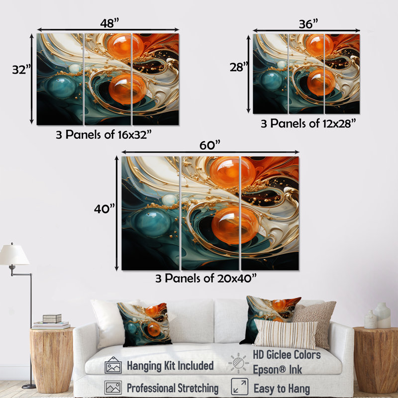 Planète vagues orange et or II - art mural abstrait, Toile tendue, H 40 po x l 61 po x P 1 po