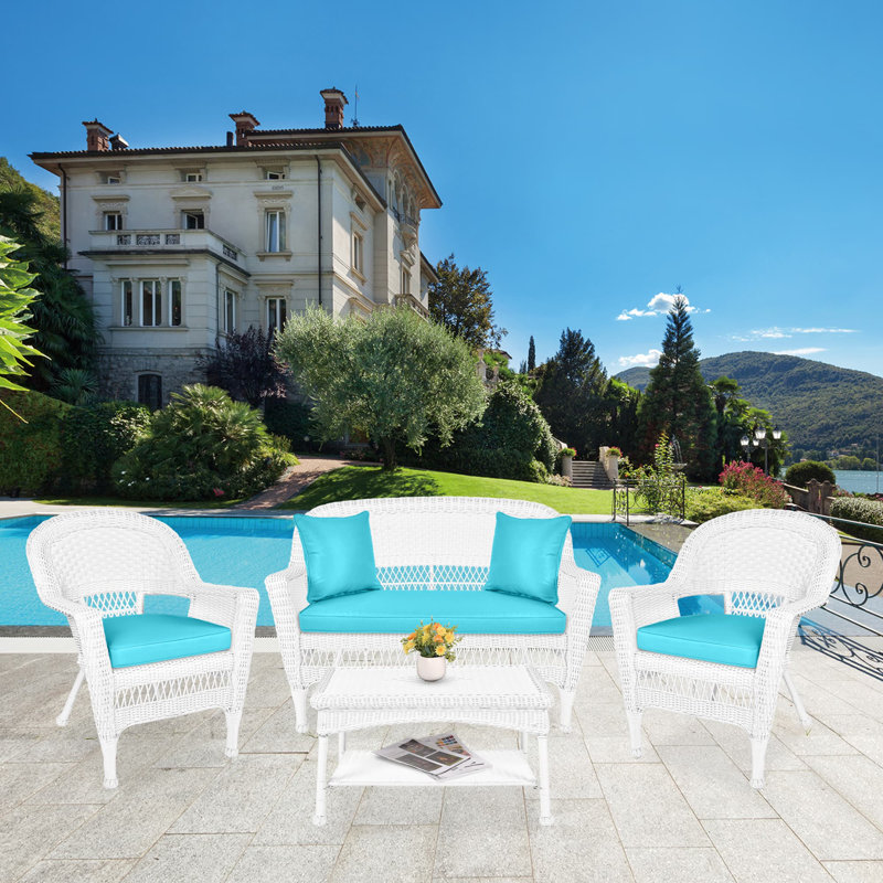 Cecilton 4 Piece Rattan Sofa Seating Group , White, Sky Blue