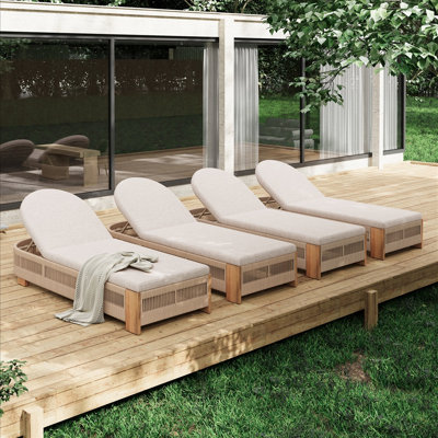 Chaise longue de patio résistante aux intempéries avec dossier réglable, chaises longues en teck massif tissé d'osier avec coussin beige pour la piscine extérieure