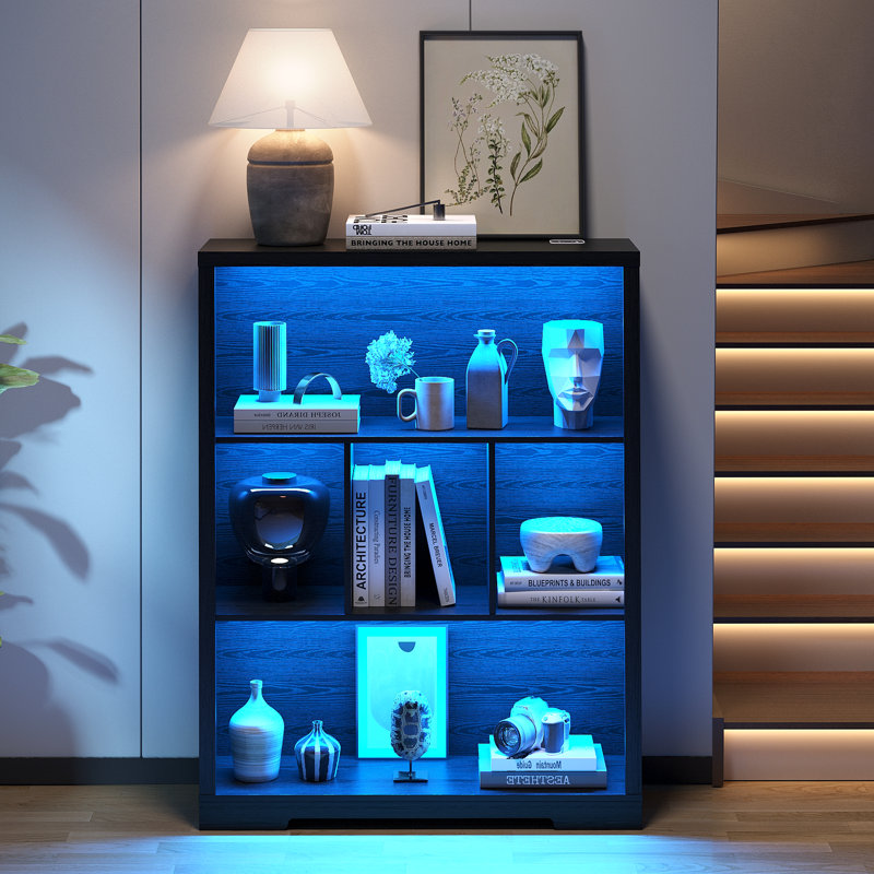 31.5" W Cube Bookcase With Tri-Color Sensor Light, Open Display Shelf, Black