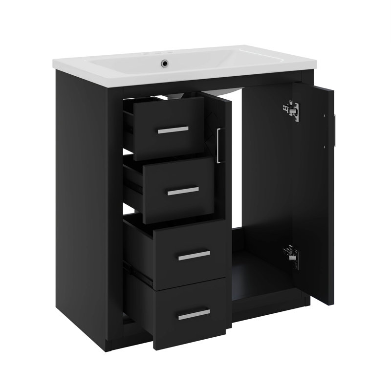 Ensemble de meuble-lavabo 30 po avec lavabo en céramique, 3 tiroirs et portes à fermeture douce, Noir, Argent argent