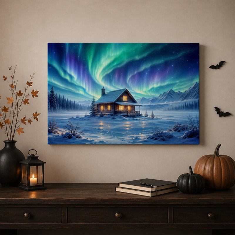 Cabane en bois rond illuminée sous une aurore boréale verte pour l'Halloween - Toile murale, H 32 po x l 48 po