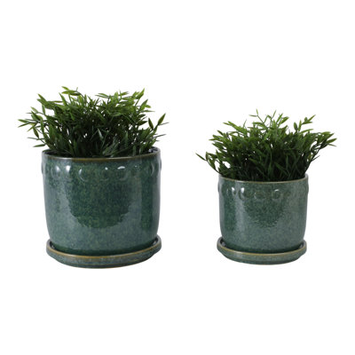 Stylish Ceramic Outdoor Planter With Saucer And Bubble Trim Design - Decorative Flower Pots For Patio, Living Room, Or Home Decor - Set Of 2, 8",6", Green