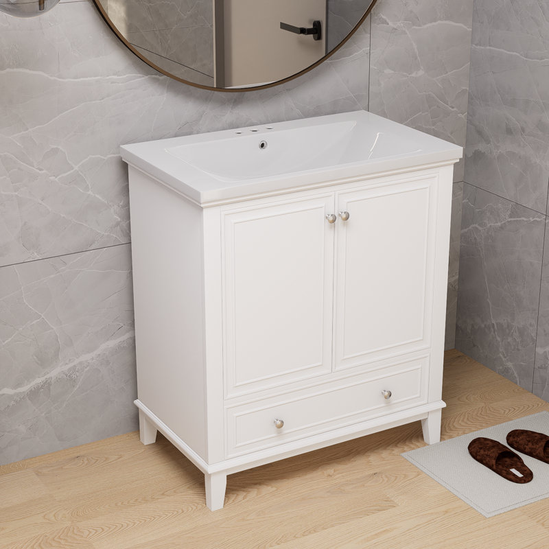 Meuble-lavabo blanc 30 po sans lavabo, base seulement, armoire de salle de bain multifonctionnelle avec portes et tiroirs