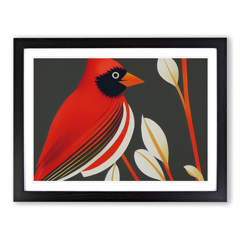 Cardinal Bird Deco - Single Picture Frame Print, Black Framed, 25cm H x 34cm W x 2cm D