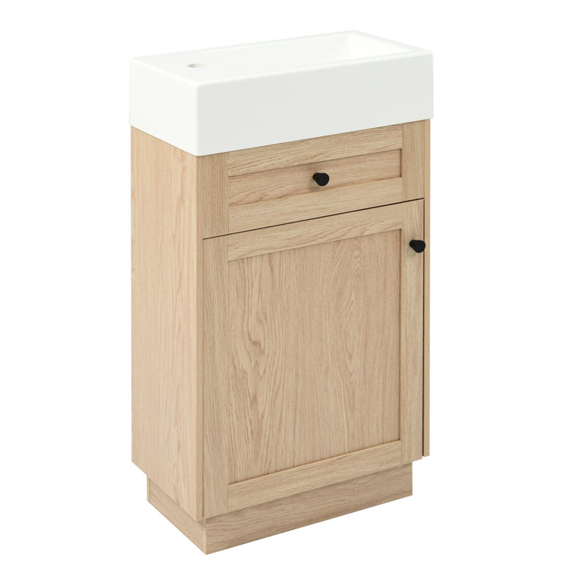 Meuble-lavabo de 18,5 po au design rustique avec lavabo en résine réversible, armoire intégrée, tablette intérieure réglable pour une utilisation pratique, poignées en métal élégantes, surface en grain de bois, fonctionnalité à fermeture en douceur