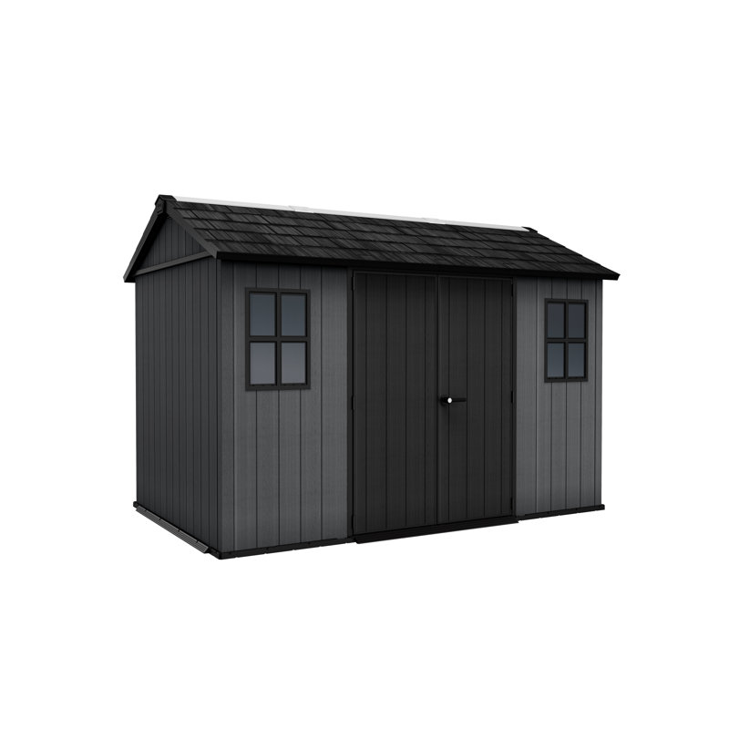 Keter Newton Plus Durable Resin Outdoor Storage Shed With Floor and Double Doors for Garden Patio Furniture and Tools, Graphite Grey (6 Available Sizes)