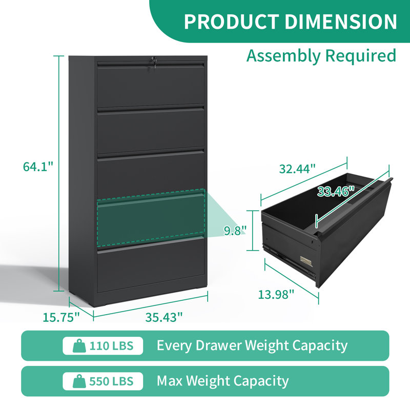 Eruh 35.43'' Wide 5-Drawer Metal Lateral File Cabinet With Lock For Home Office, Black